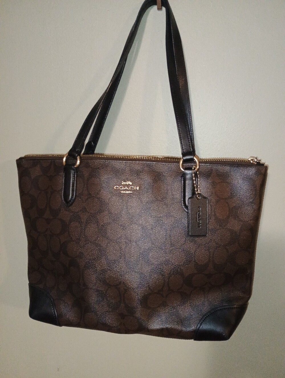 Coach Signature Zip Top Tote in Brown Pebbled PVC
